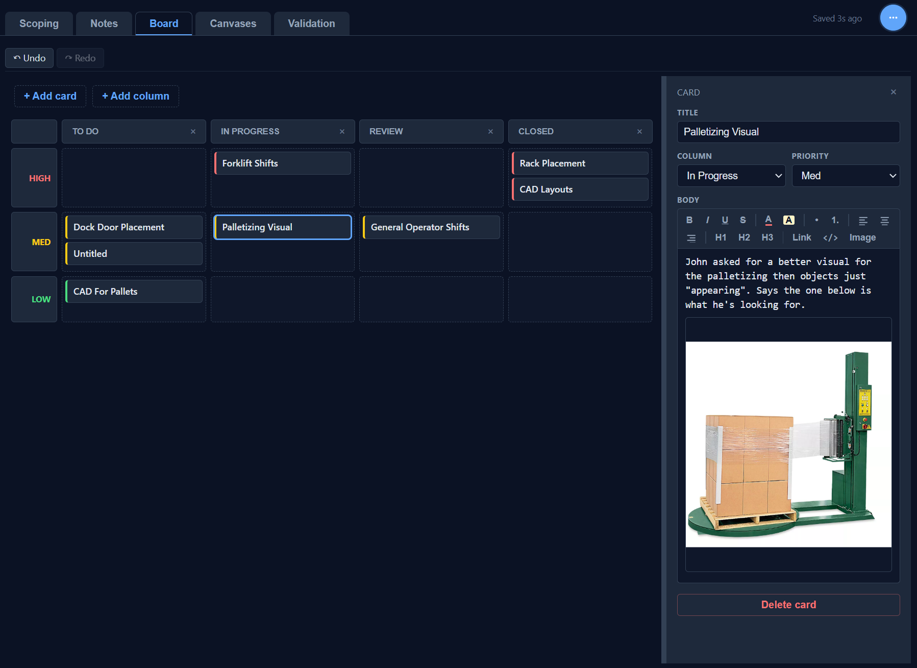 PracSim Notebook board tab showing a kanban grid with High, Medium, and Low priority rows and To Do, In Progress, Review, and Closed columns. A card titled 'Palletizing Visual' is selected, showing its description and an embedded screenshot.